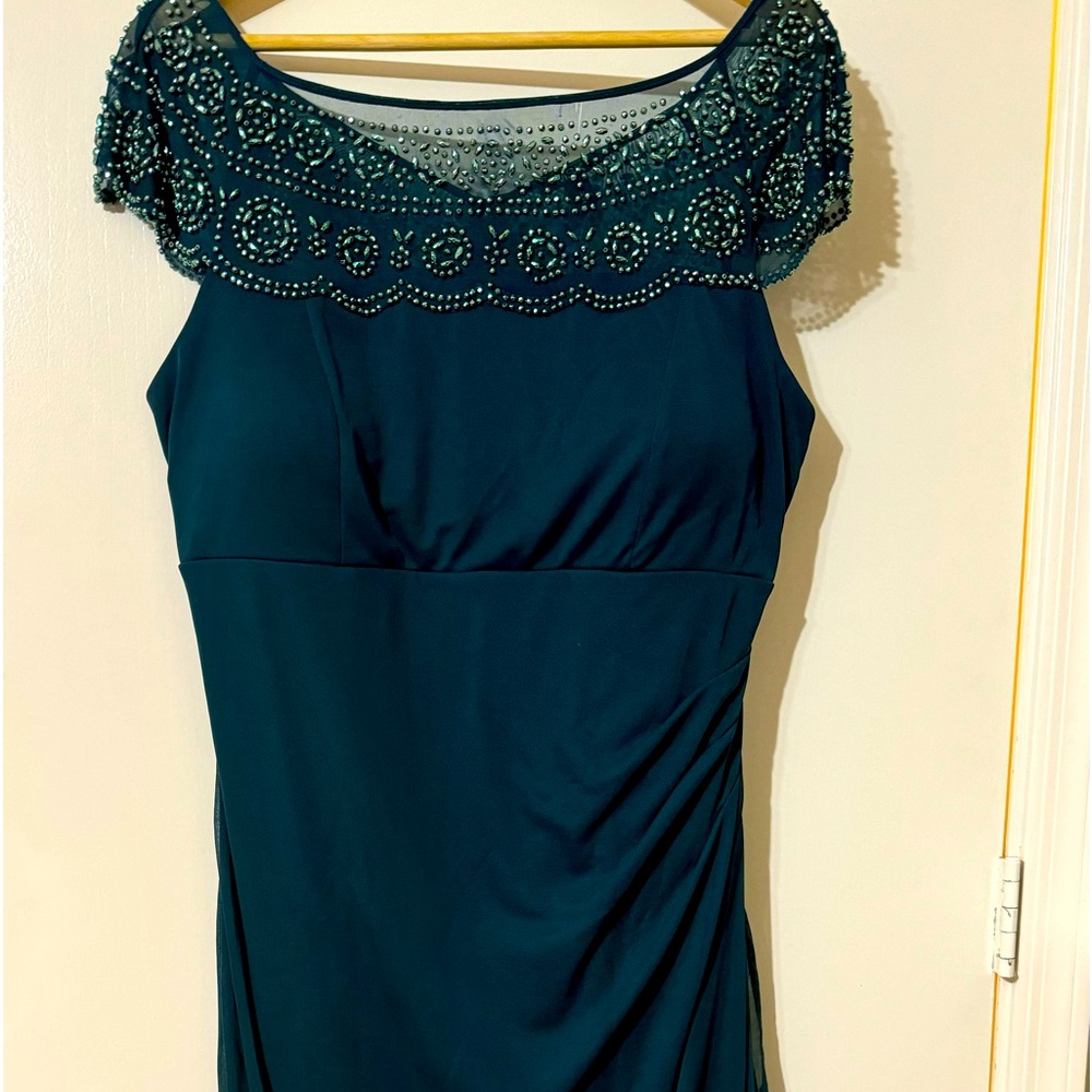 Msk Women's Dark Green Cap-Sleeve Embellished Ruched Cascade Gown Dress 14